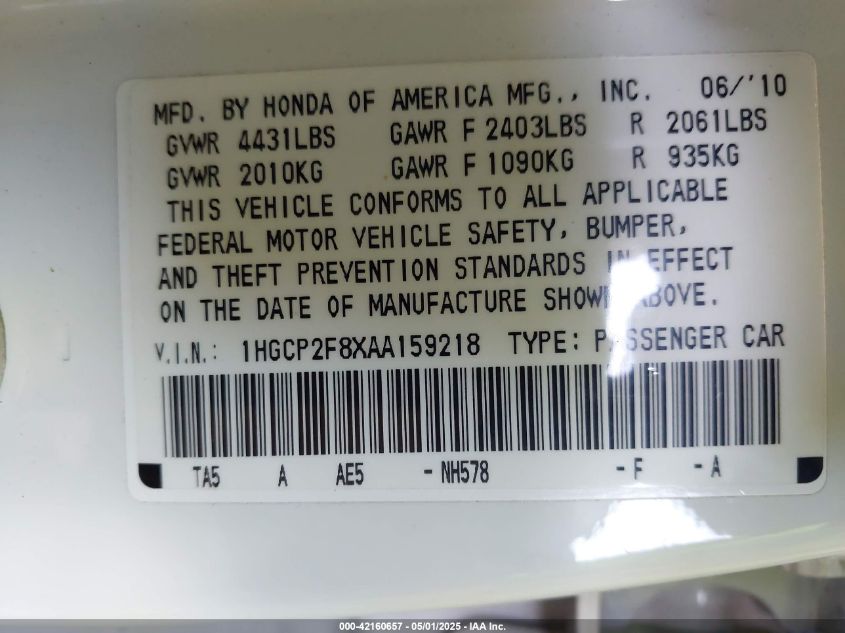 2010 Honda Accord 2.4 Ex-L VIN: 1HGCP2F8XAA159218 Lot: 42160657