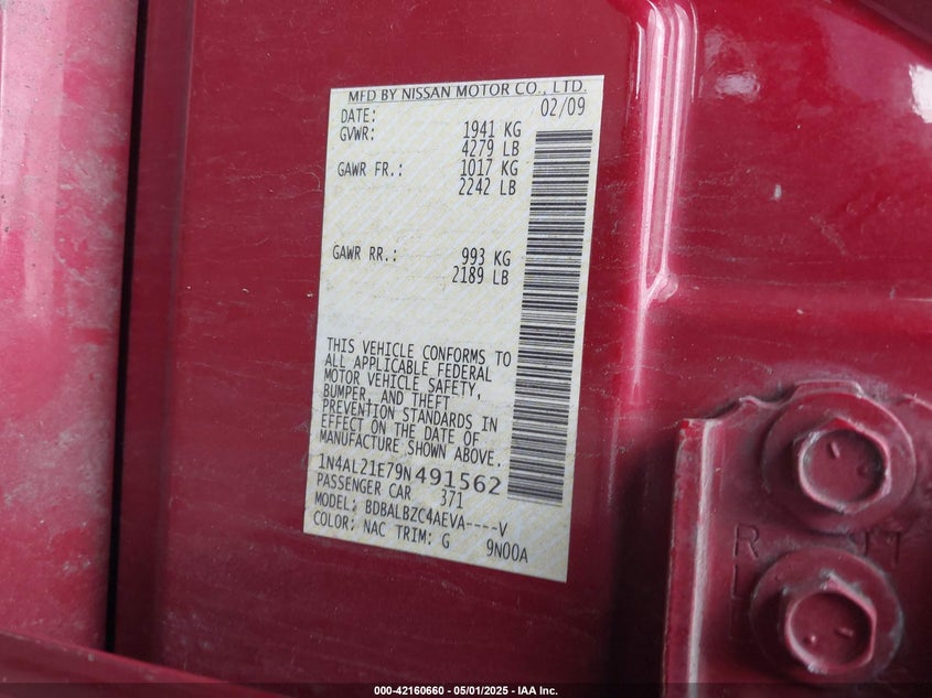 2009 NISSAN ALTIMA VIN: 1N4AL21E79N491562
