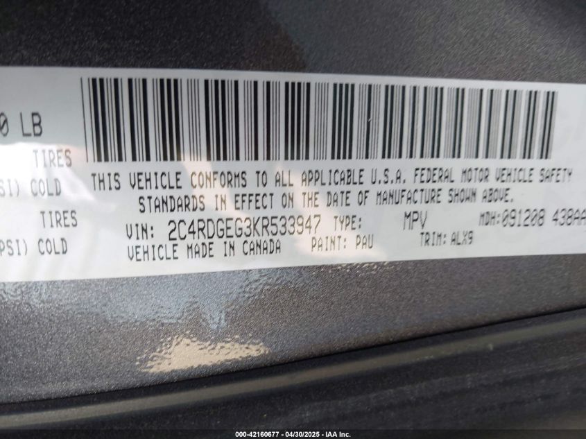 2019 Dodge Grand Caravan Gt VIN: 2C4RDGEG3KR533947 Lot: 42160677