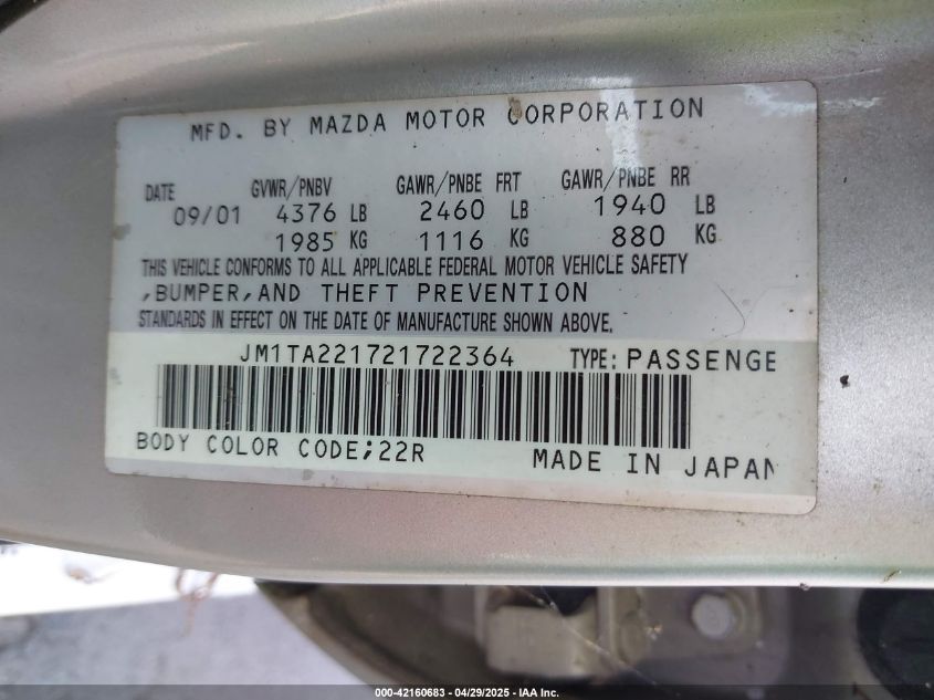 2002 Mazda Millenia P/Ps VIN: JM1TA221721722364 Lot: 42160683