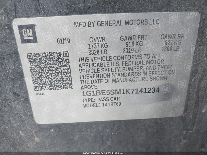 2019 Chevrolet Cruze Lt VIN: 1G1BE5SM1K7141234 Lot: 42160715