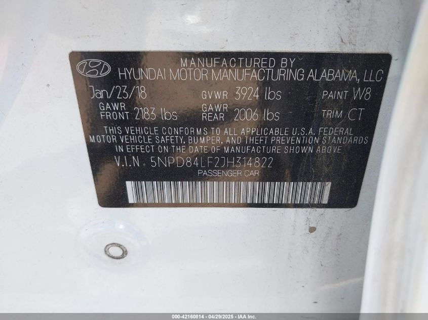 2018 Hyundai Elantra Limited/Sel/Value Edition VIN: 5NPD84LF2JH314H22 Lot: 42160814