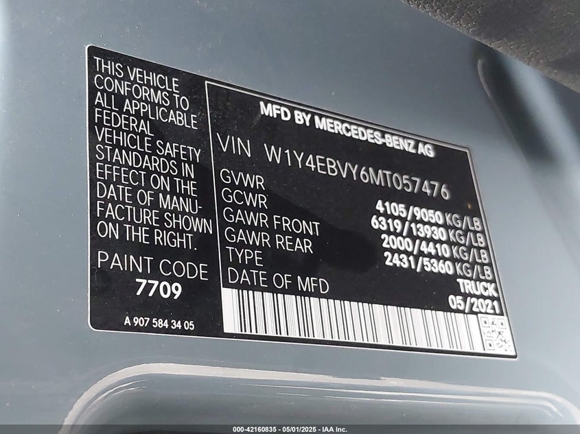 2021 MERCEDES-BENZ SPRINTER 2500 3.0L V-6 DI, DOHC, T(VIN: W1Y4EBVY6MT057476