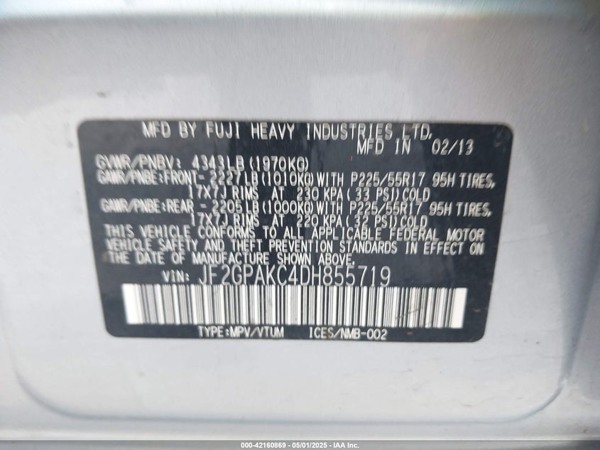 2013 SUBARU XV CROSSTREK VIN: JF2GPAKC4DH855719