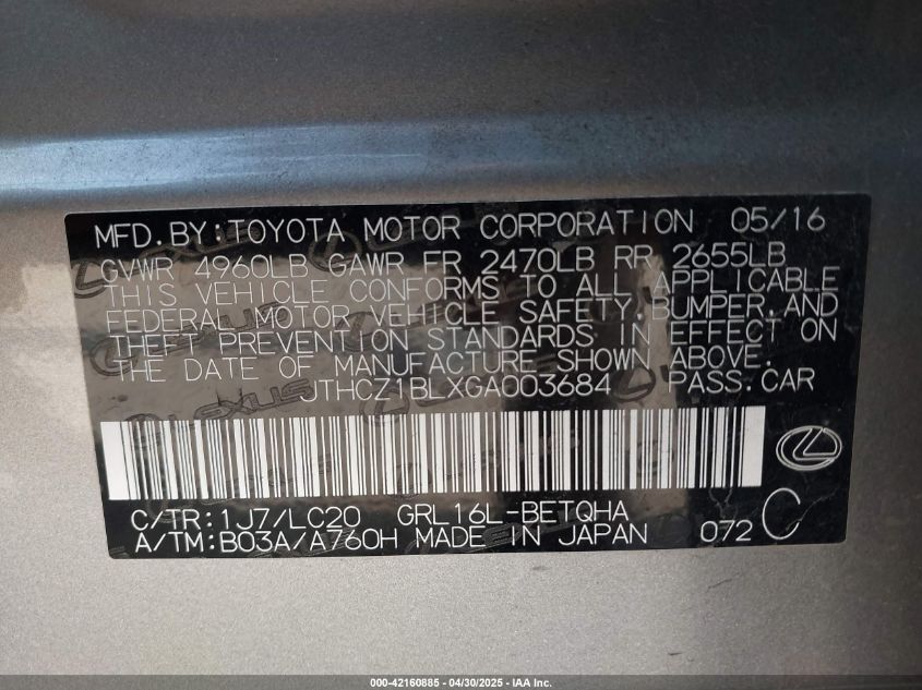 2016 Lexus Gs 350 VIN: JTHCZ1BLXGA003684 Lot: 42160885