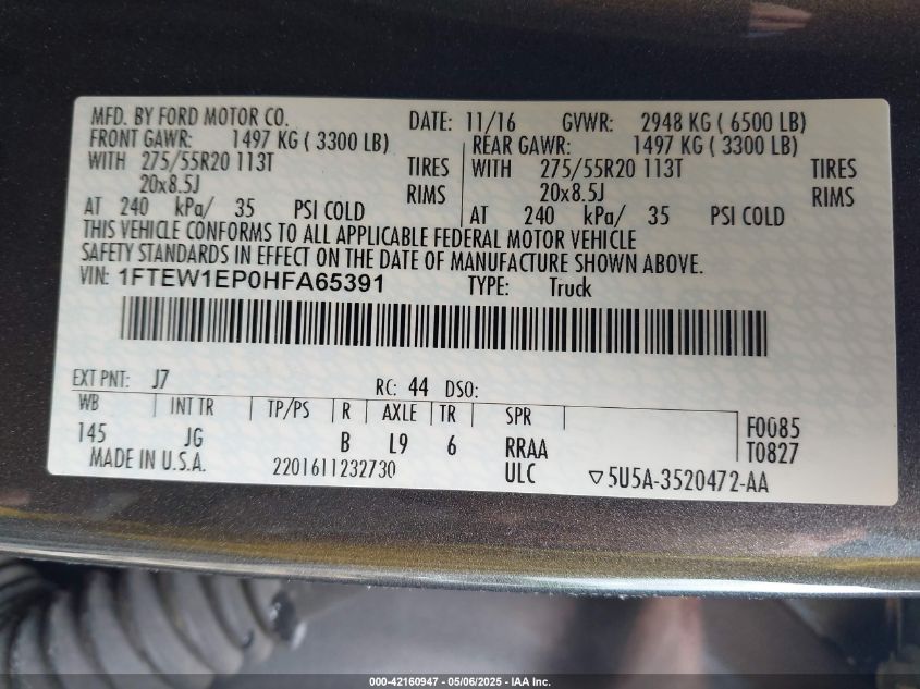 2017 Ford F-150 Xl VIN: 1FTEW1EP0HFA65391 Lot: 42160947