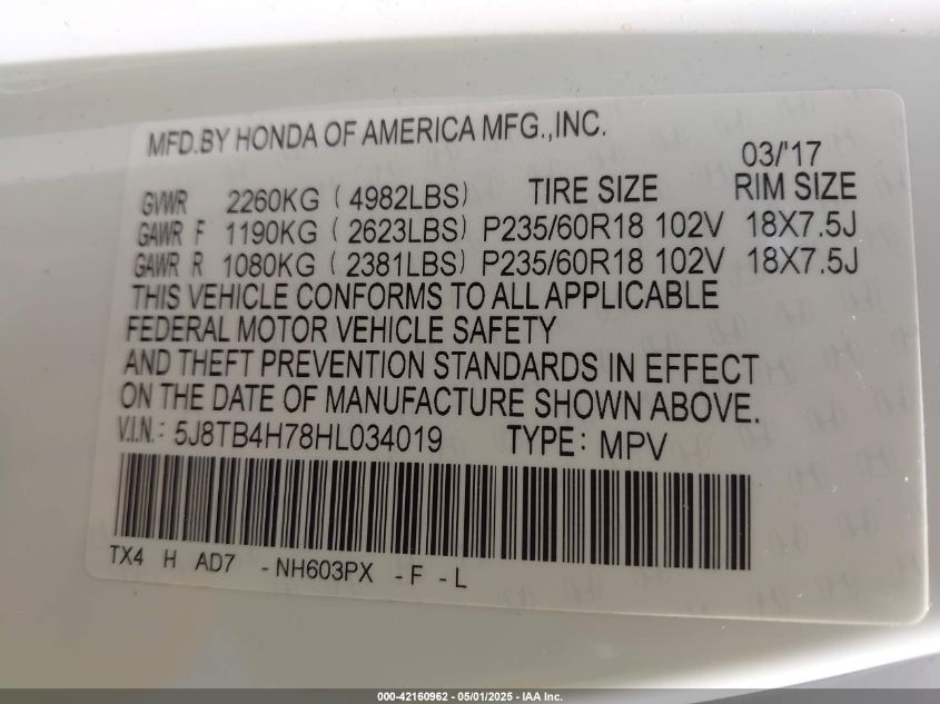 2017 Acura Rdx Advance Package VIN: 5J8TB4H78HL034019 Lot: 42160962