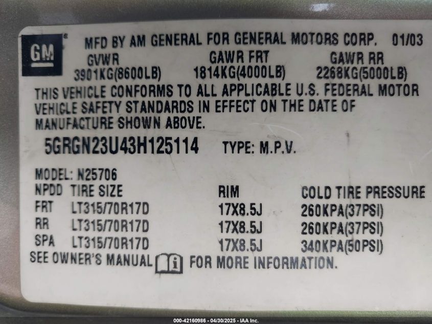 2003 Hummer H2 VIN: 5GRGN23U43H125114 Lot: 42160986