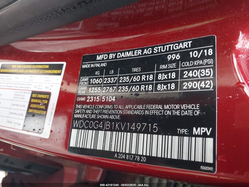 2019 MERCEDES-BENZ GLC 300 VIN: WDC0G4JB1KV149715