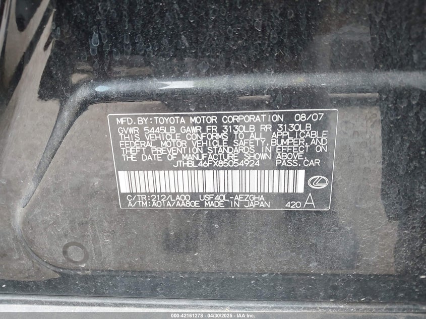 2008 LEXUS LS 460 VIN: JTHBL46FX85054924