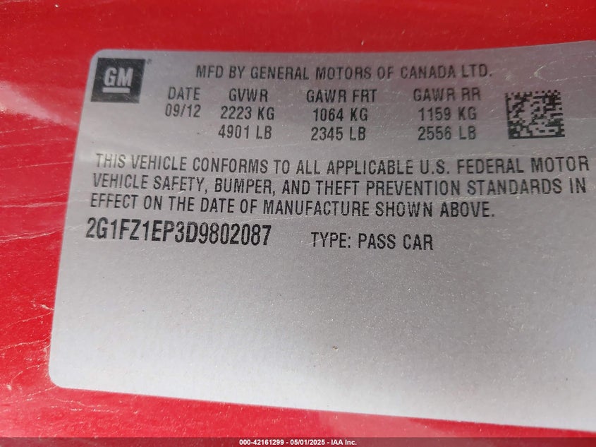 2013 CHEVROLET CAMARO VIN: 2G1FZ1EP3D9802087