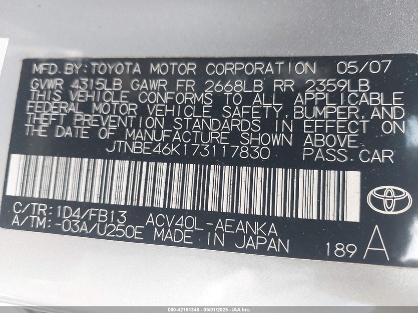 2007 TOYOTA CAMRY VIN: JTNBE46K173117830