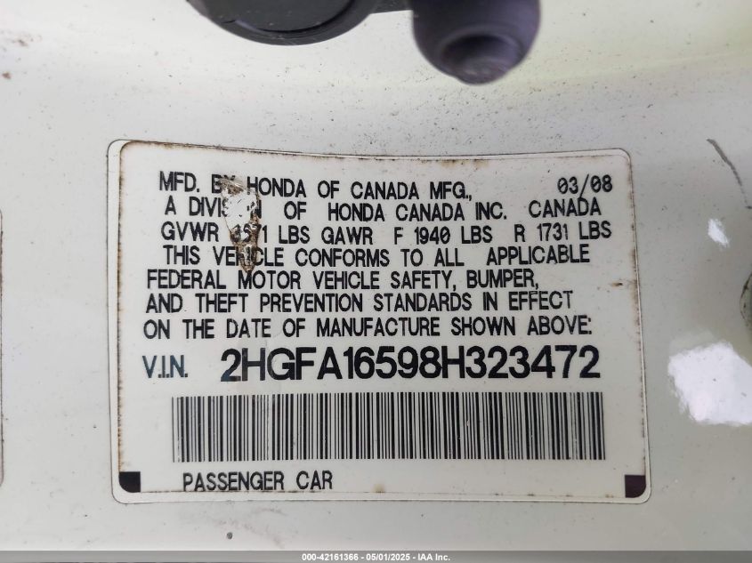 2008 Honda Civic Lx VIN: 2HGFA16598H323472 Lot: 42161366
