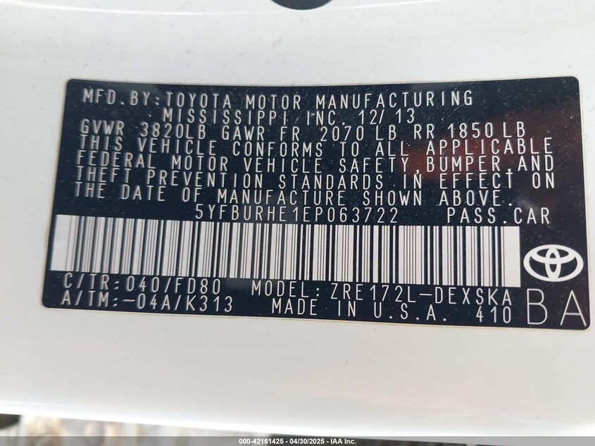 2014 TOYOTA COROLLA VIN: 5YFBURHE1EP063722