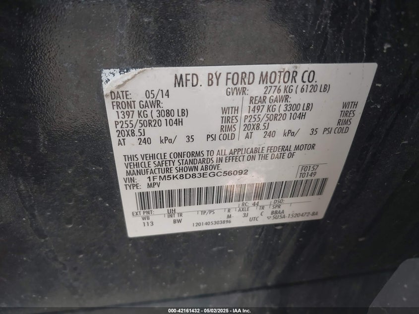 2014 FORD EXPLORER VIN: 1FM5K8D83EGC56092