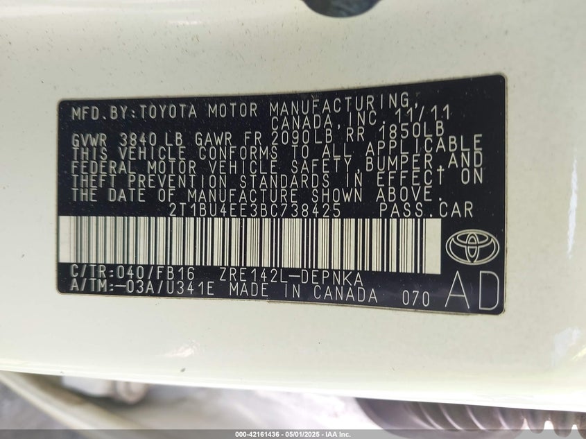 2011 TOYOTA COROLLA VIN: 2T1BU4EE3BC738425