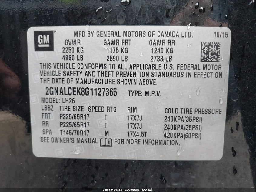 2016 CHEVROLET EQUINOX LT - 2GNALCEK8G1127365