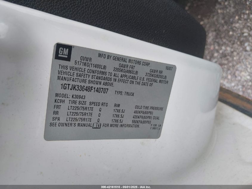 2008 GMC Sierra 3500Hd Slt VIN: 1GTJK33648F140707 Lot: 42161510