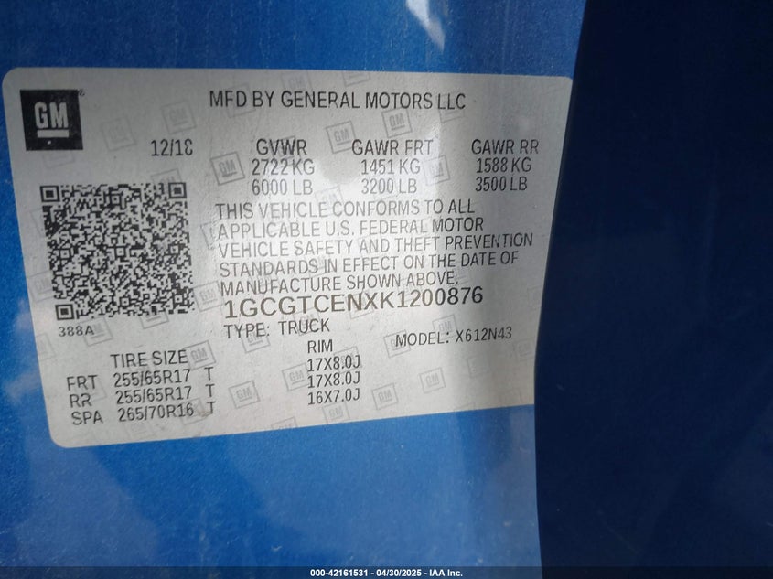 2019 CHEVROLET COLORADO VIN: 1GCGTCENXK1200876