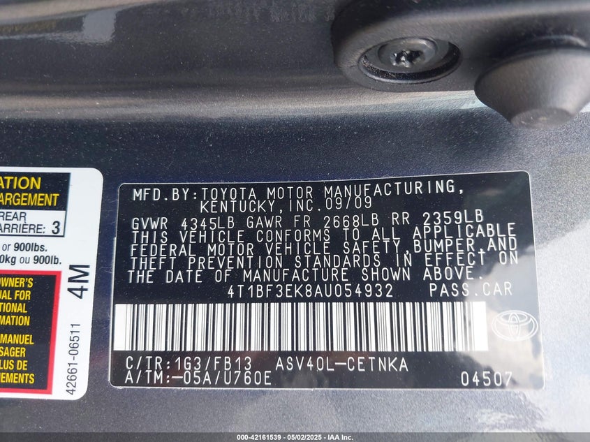 2010 TOYOTA CAMRY VIN: 4T1BF3EK8AU054932