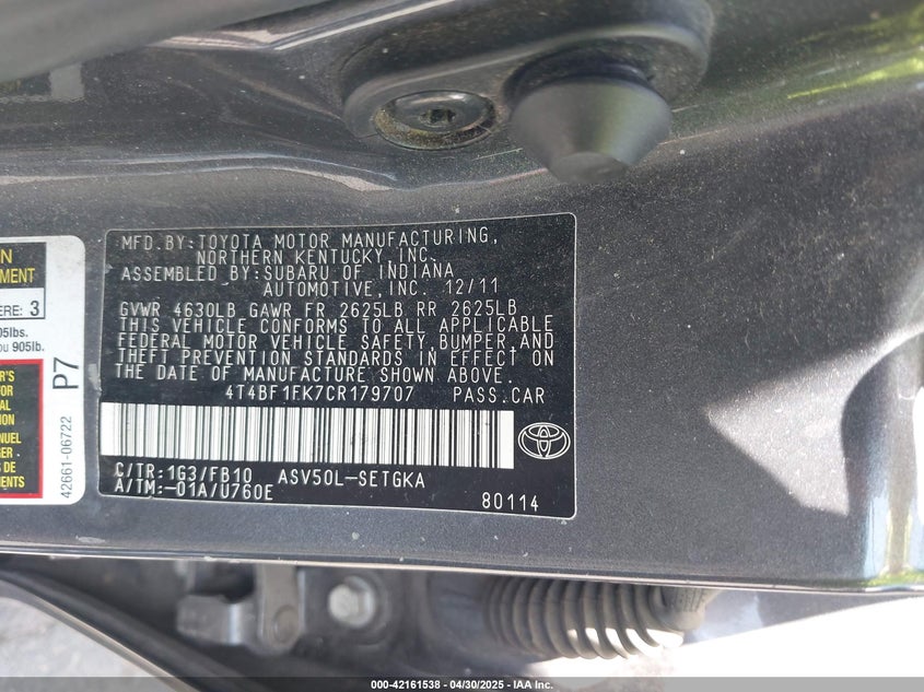 2012 TOYOTA CAMRY VIN: 4T4BF1FK7CR179707