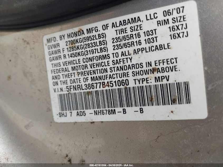 2007 Honda Odyssey Ex-L VIN: 5FNRL38677B451060 Lot: 42161554