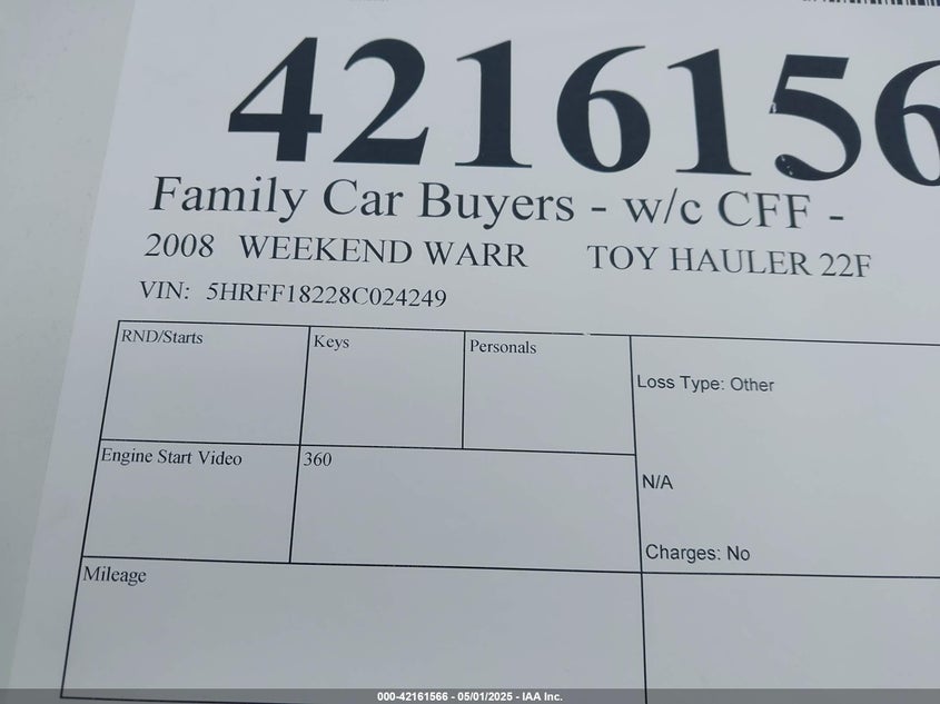 2008 WEEKEND WARRIOR TOY HAULER 22FT VIN: 5HRFF18228C024249