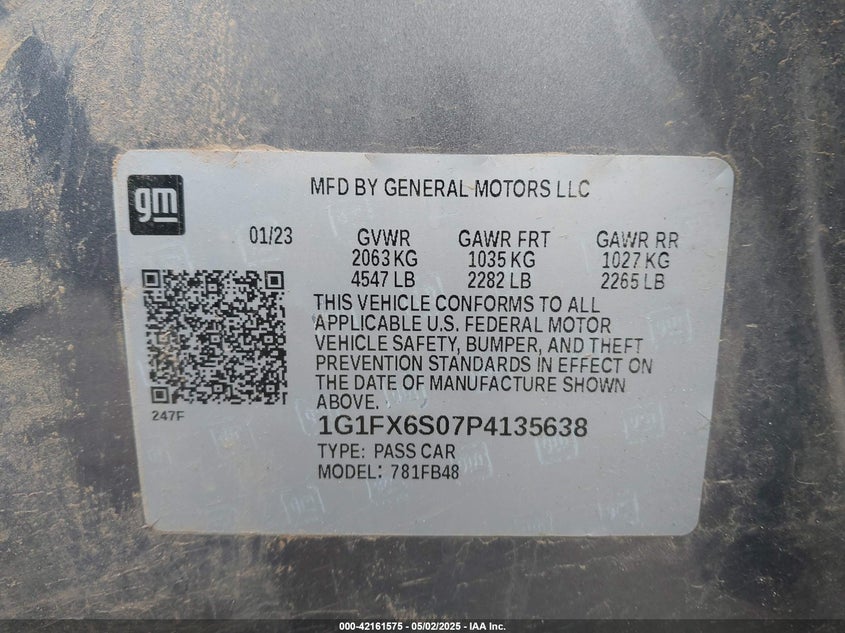 2023 CHEVROLET BOLT EV VIN: 1G1FX6S07P4135638
