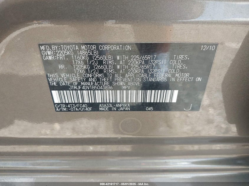 2011 TOYOTA RAV4 VIN: JTMJF4DV1B5043896