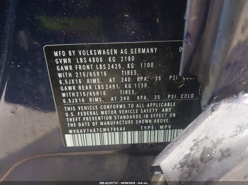 2012 VOLKSWAGEN TIGUAN VIN: WVGAV7AX7CW579544