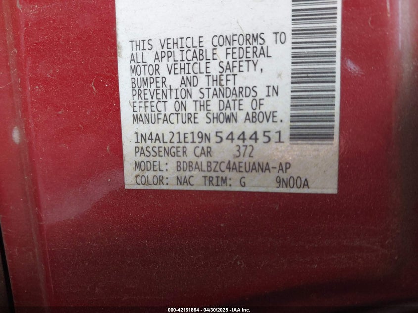 2009 NISSAN ALTIMA VIN: 1N4AL21E19N544451