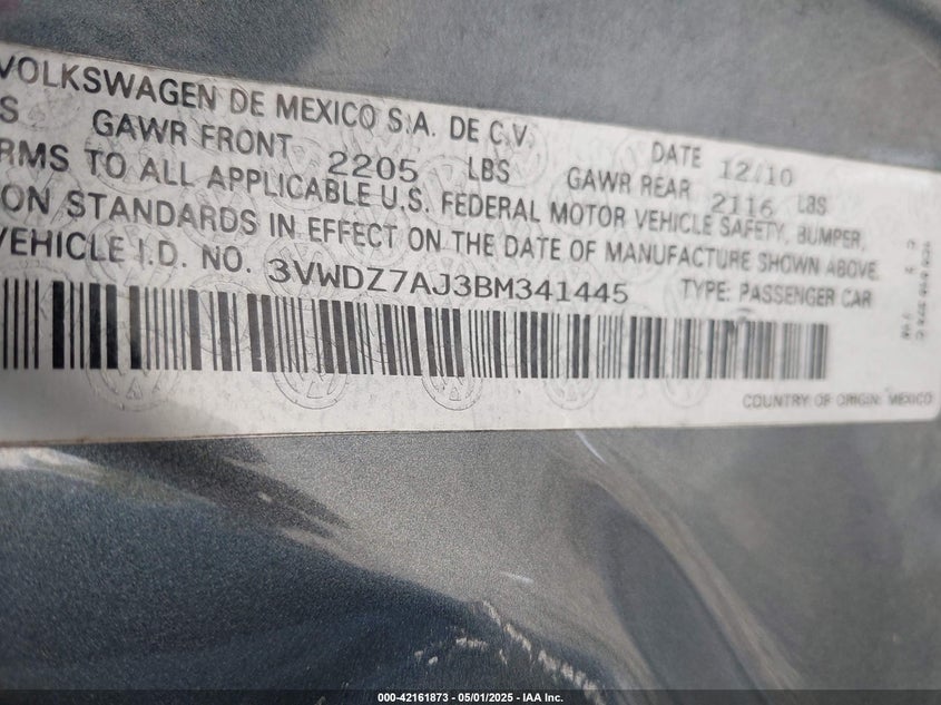 2011 VOLKSWAGEN JETTA VIN: 3VWDZ7AJ3BM341445
