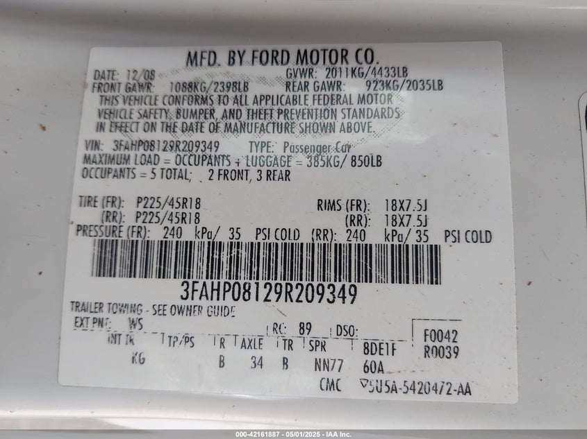 2009 FORD FUSION VIN: 3FAHP08129R209349