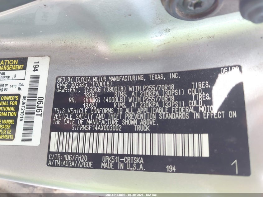 2010 TOYOTA TUNDRA VIN: 5TFRM5F14AX003002