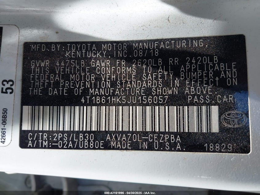 2018 TOYOTA CAMRY VIN: 4T1B61HK5JU156057
