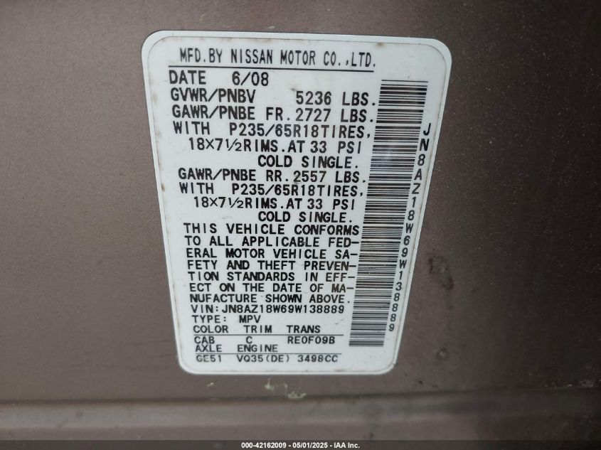 2009 Nissan Murano S VIN: JN8AZ18W69W138889 Lot: 42162009