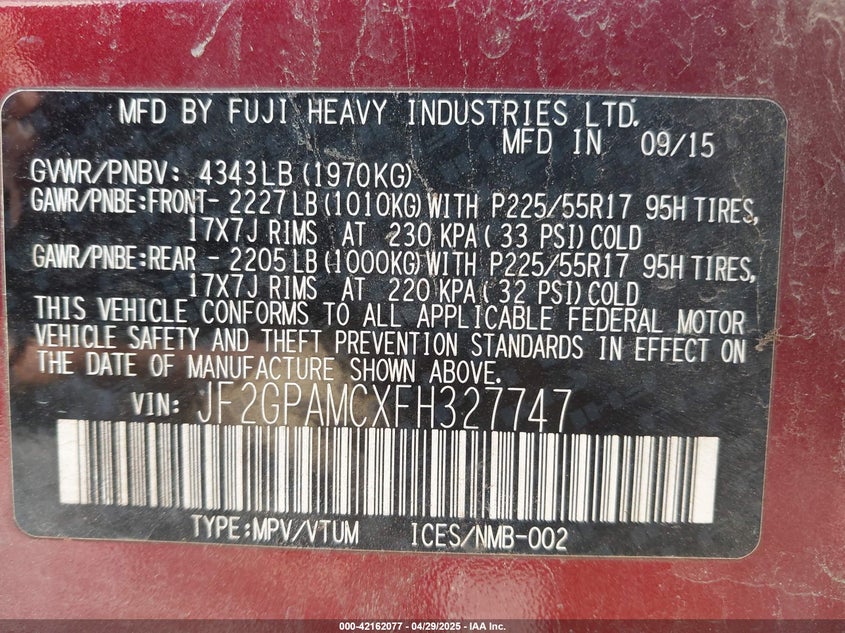 2015 SUBARU XV CROSSTREK 2.0I LIMITED - JF2GPAMCXFH327747