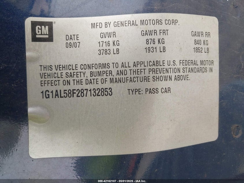 2008 CHEVROLET COBALT VIN: 1G1AL58F287132853