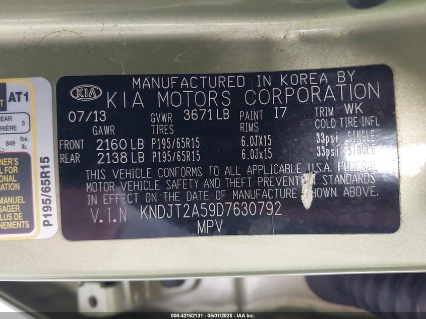 2013 Kia Soul VIN: KNDJT2A59D7630792 Lot: 42162131