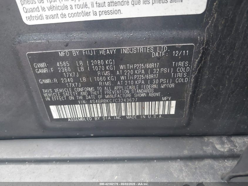 2012 Subaru Outback 2.5I Limited VIN: 4S4BRBKC7C3243627 Lot: 42162178