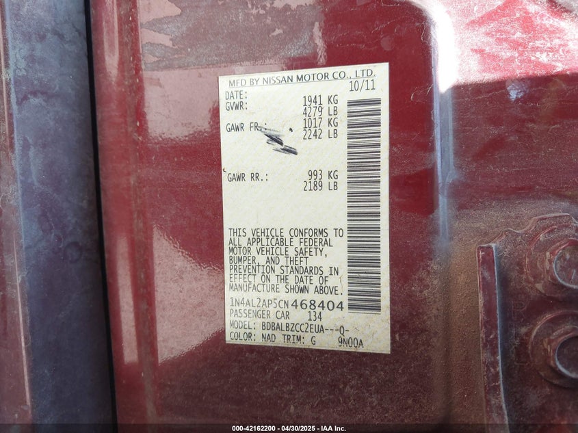2012 NISSAN ALTIMA VIN: 1N4AL2AP5CN468404