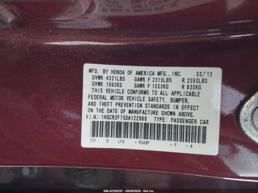 2013 HONDA ACCORD VIN: 1HGCR2F75DA122969