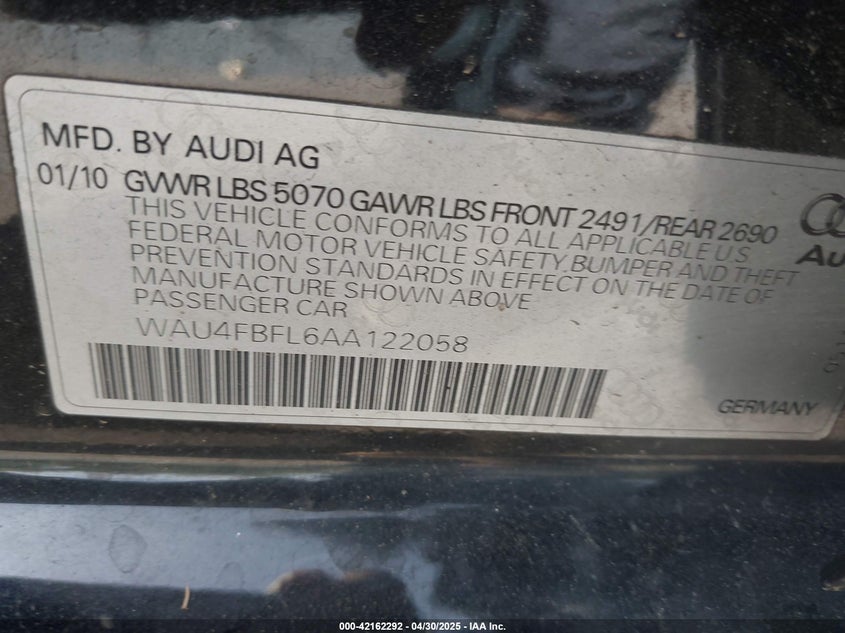 2010 AUDI A4 VIN: WAU4FBFL6AA122058