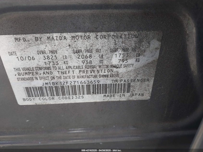 2007 MAZDA MAZDA3 VIN: JM1BK32F271663659