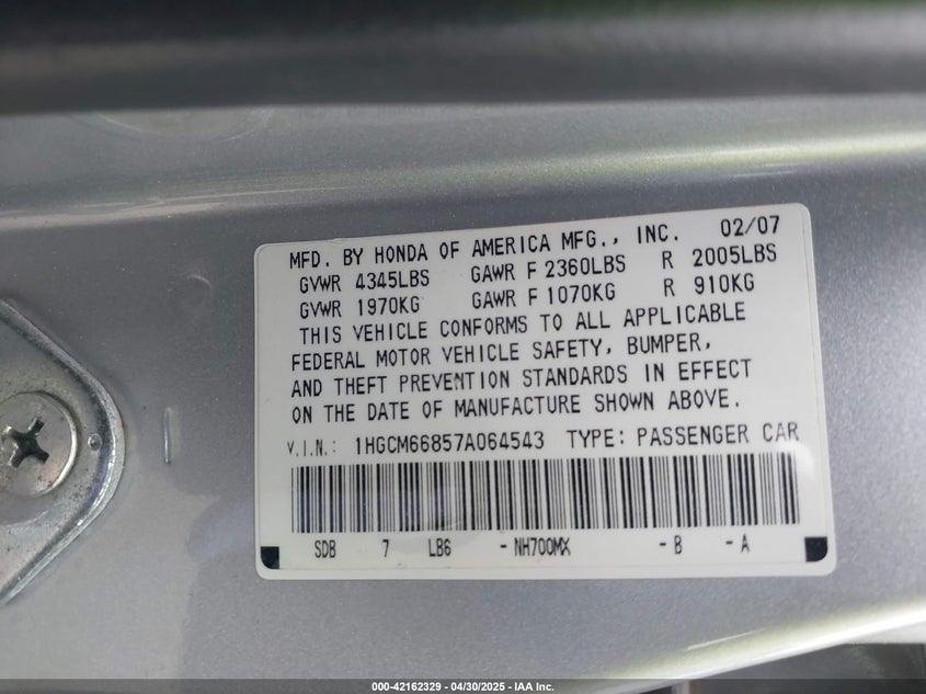 2007 HONDA ACCORD VIN: 1HGCM66857A064543