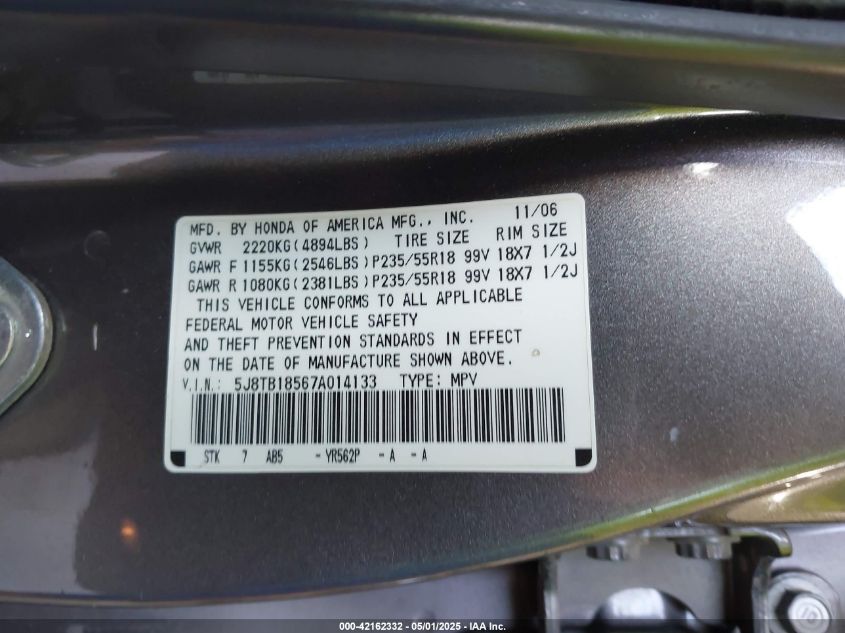 2007 Acura Rdx VIN: 5J8TB18567A014133 Lot: 42162332