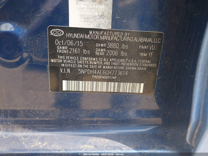 2016 HYUNDAI ELANTRA VIN: 5NPDH4AE6GH773614