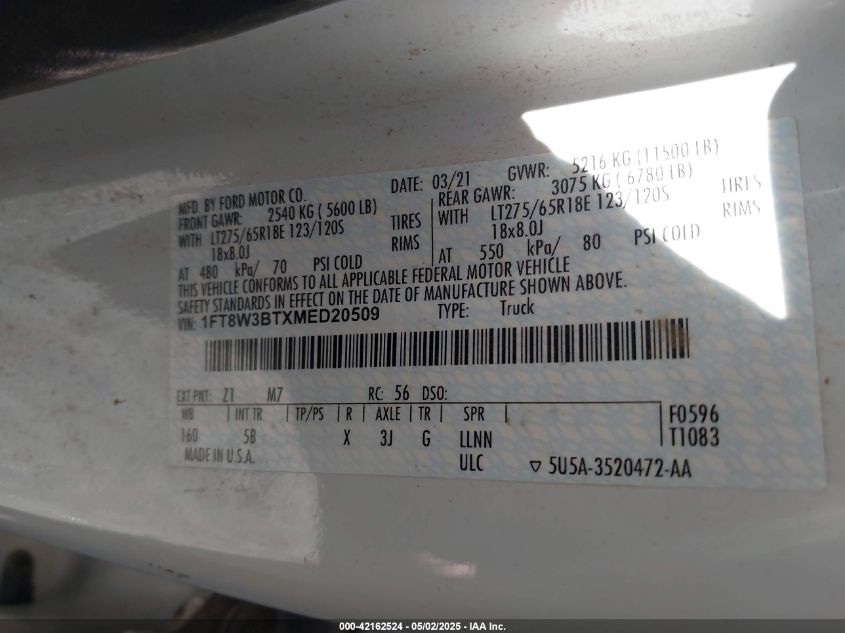 2021 Ford F-350 Lariat VIN: 1FT8W3BTXMED20509 Lot: 42162524