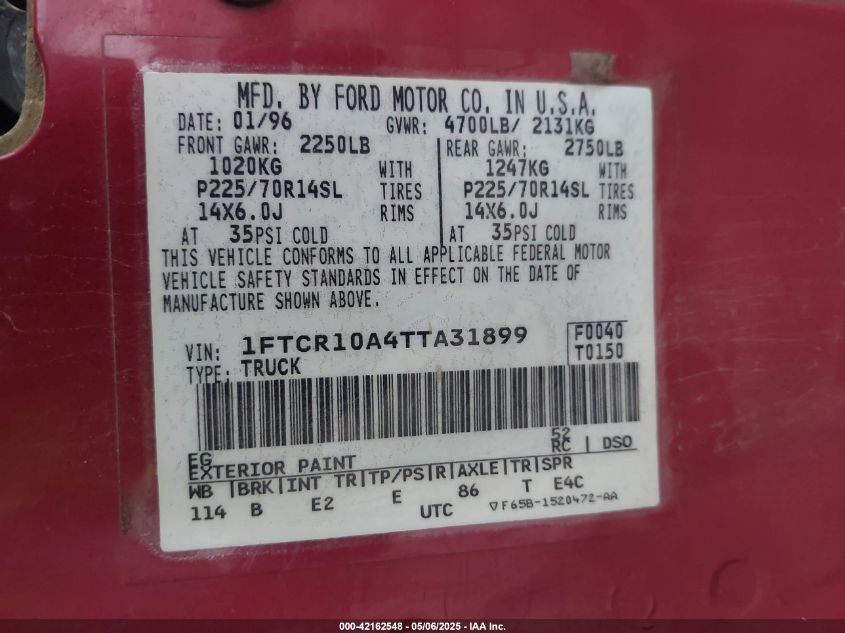 1996 Ford Ranger VIN: 1FTCR10A4TTA31899 Lot: 42162548