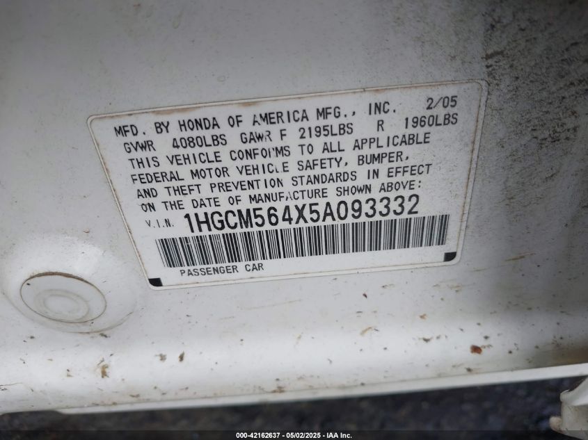 2005 Honda Accord 2.4 Lx VIN: 1HGCM564X5A093332 Lot: 42162637